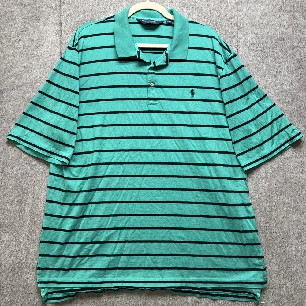 Polo Golf Ralph‎ Lauren Shirt Mens XXL Green Stripe Silk Blend Preppy Turquoise